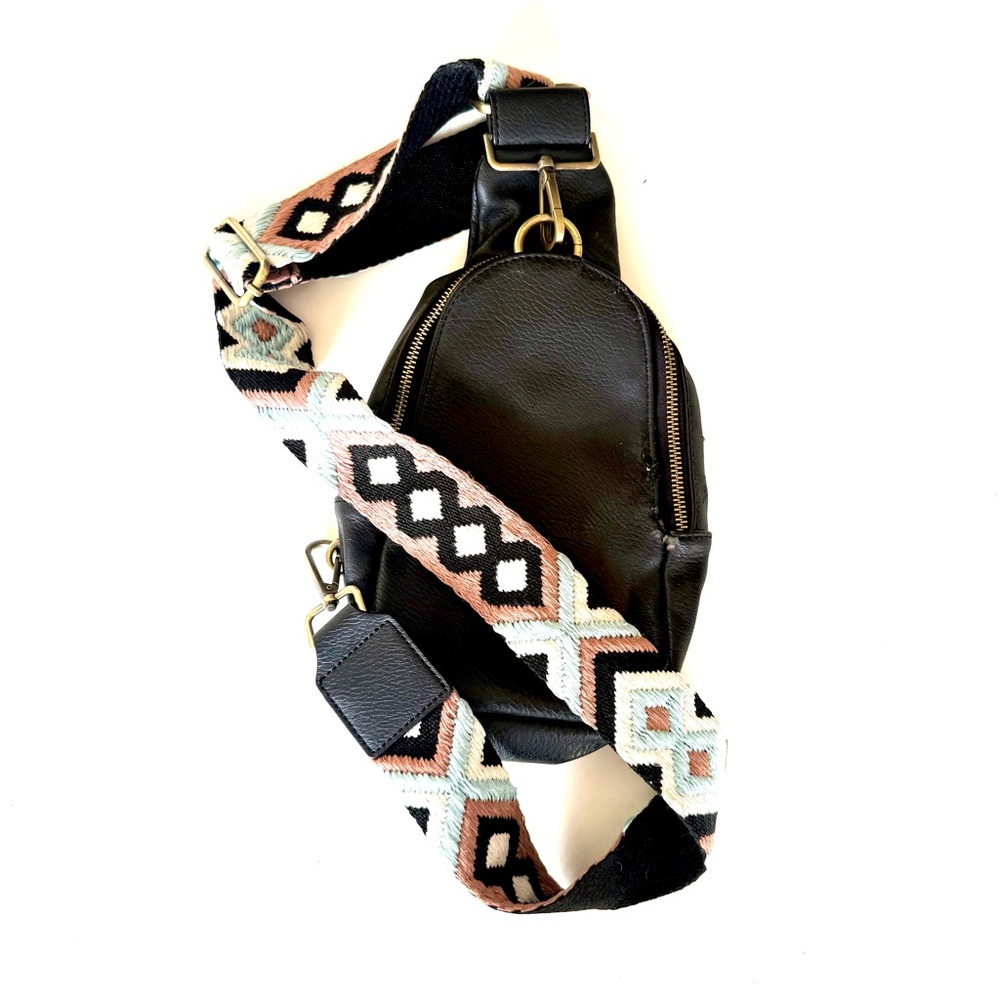 Anthropologie Black Crossbody Bag with Patterned Strap